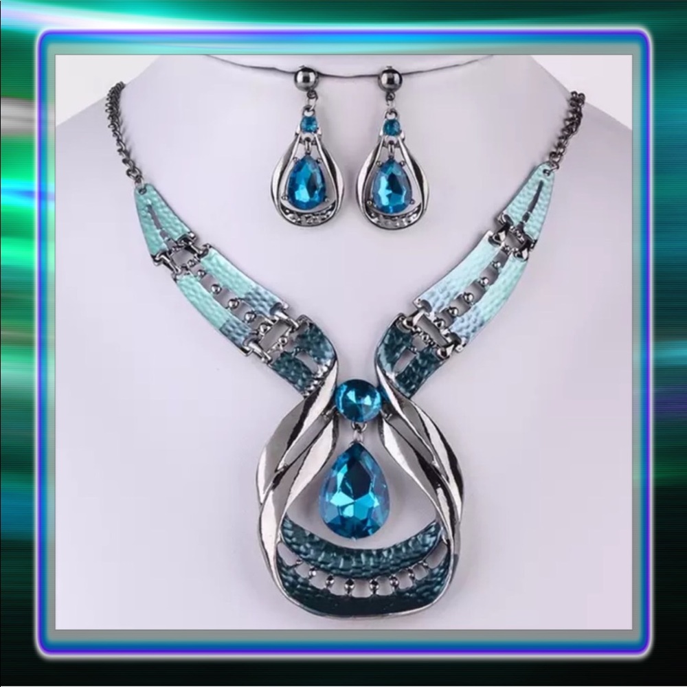 Blue, Green Statement Necklace & Earrings Set - Picture 1 of 8